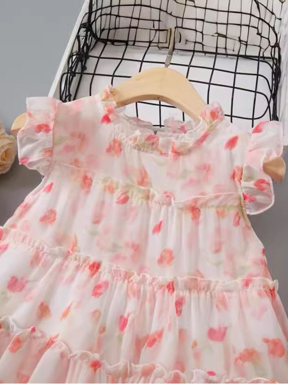 Girls' Floral Tiered Chiffon Dress - Pink 6-7 - Picture 3 of 12